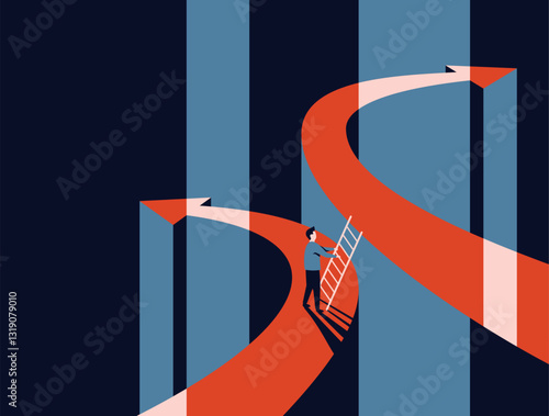 Person jumping to arrow with another direction, in vintage colors