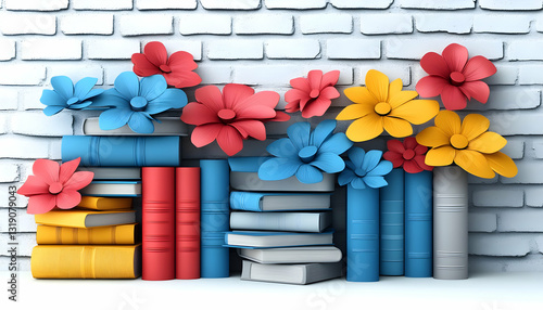 Fototapeta Naklejka Na Ścianę i Meble -  Colorful paper flowers adorn stacks of books against a white brick wall.  A vibrant spring scene