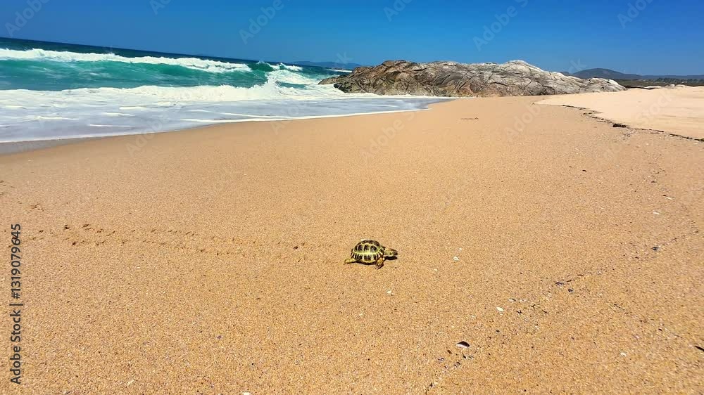 A small, adorable turtle makes its way slowly across the soft, warm sandy beach towards the ocean waves A small, adorable turtle makes its way slowly across the soft, warm sandy beach towards the ocean waves