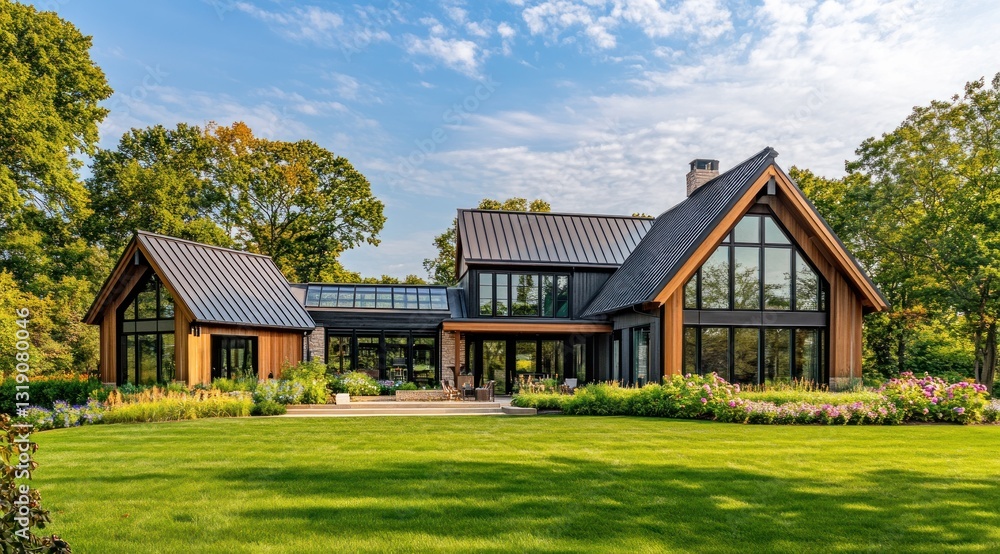 Fototapeta premium Modern farmhouse exterior, expansive windows, backyard lawn.