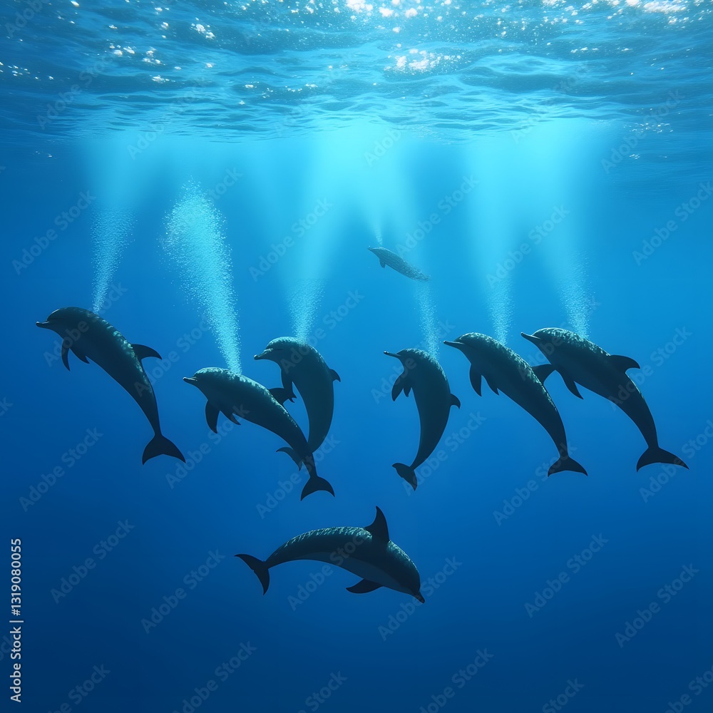 Obraz premium A group of dolphins creating synchronized music using underwater sounds forming enchanting concept 
