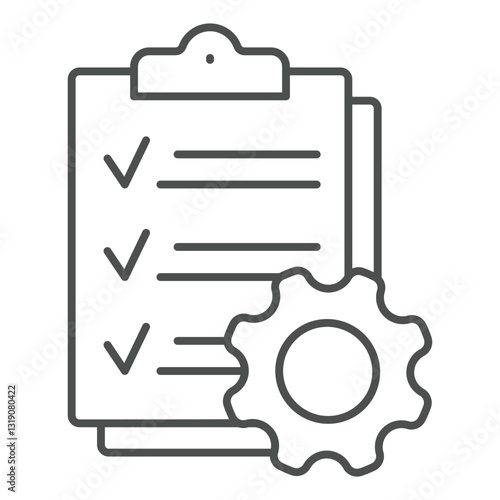 Checklist board with cogwheel thin line icon, repair service concept. Vector graphics. List with gear sign on white background, outline style icon for mobile or web design.