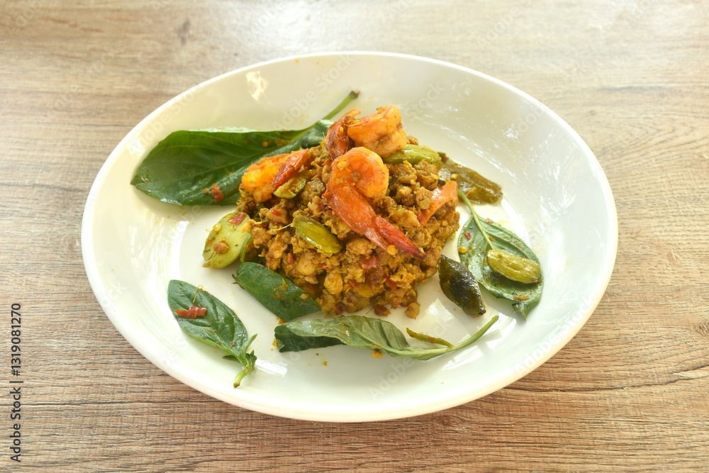 spicy fried chop pork and shrimp with turmeric curry Thai southern style food on plate spicy fried chop pork and shrimp with turmeric curry Thai southern style food on plate