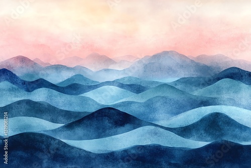 Serene Blue Mountains: A Watercolor Landscape of Tranquil Hues