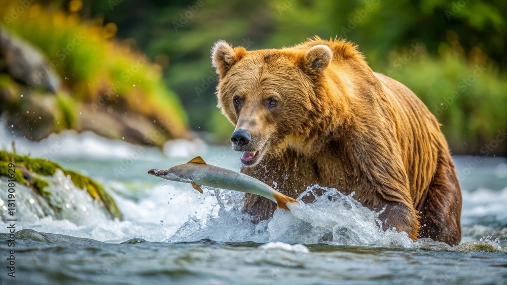 Fototapeta premium Majestic Brown Bear Captures Salmon in a Powerful River Scene