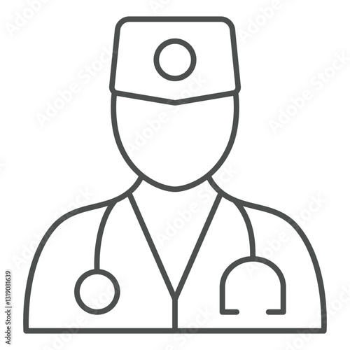 Doctor man with stethoscope thin line icon, therapy and medical care concept. Vector graphics. Human avatar with doctor tool sign on white background, outline style icon for mobile or web design.