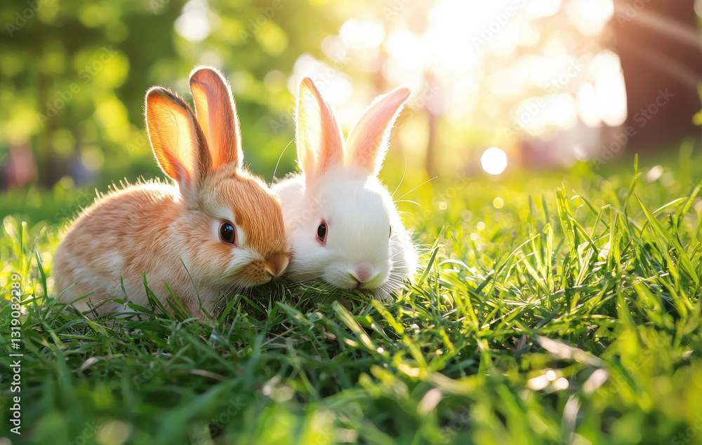 Obraz premium Adorable bunnies munching on fresh grass in sunny park, enjoying nature beauty