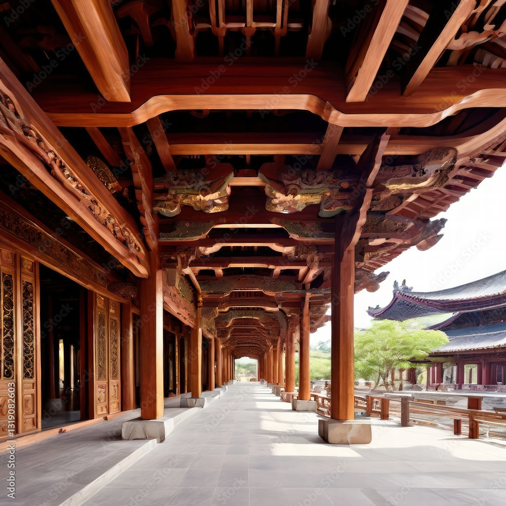 an AI Image Generator, Ancient Wooden Temple Corridor Featuring an AI Image Generator, Ancient Wooden Temple Corridor Featuring