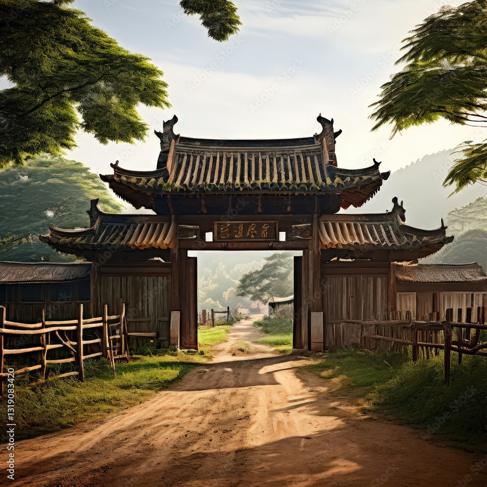 Obraz premium an AI Image Generator, Traditional Chinese Village Gate with Ancient Architecture