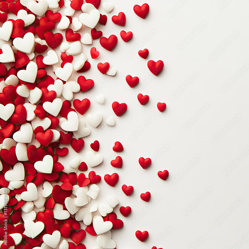 Scattered red and white hearts on white surface Scattered red and white hearts on white surface