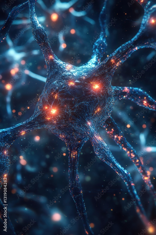 artificial neurons modeled after the human brain, integrated with glowing synaptic connections, set in a cybernetic landscape