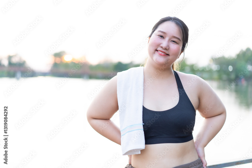 Fototapeta premium Cheerful attractive young overweight woman weight loss concept, asian smiling woman in sports bra, enjoying outdoors. She holds towel over her shoulder, radiating confidence and positivity