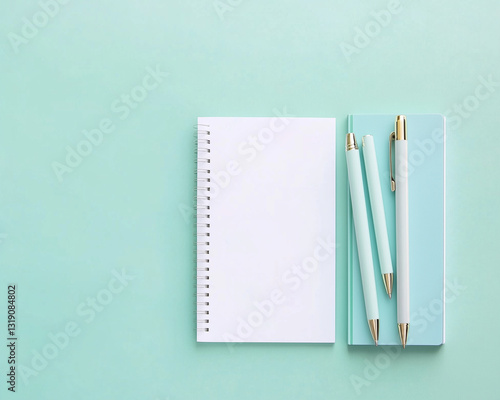 Spiral Notebook and Pen – Business Concept Flat Lay in Soft Teal, Icy Blue, and Deep Green Tones