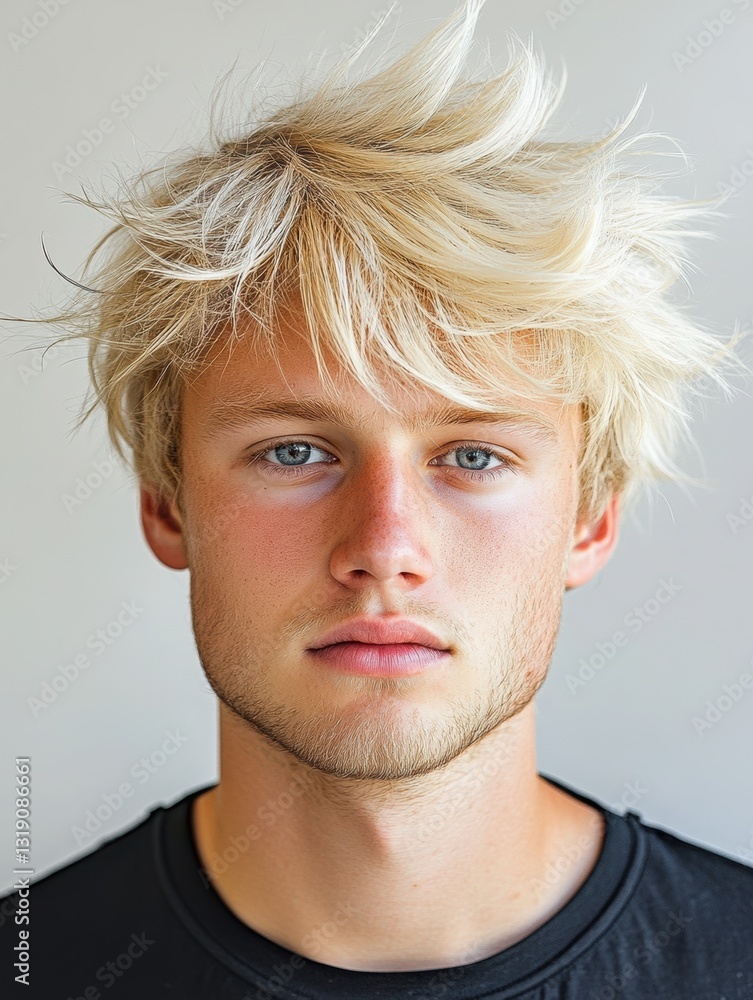 A European man with straight blond hair gets a new hairstyle . A European man with straight blond hair gets a new hairstyle .