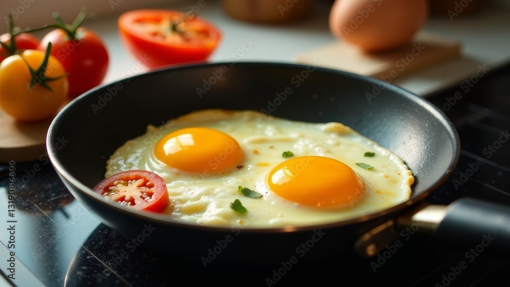 Delicious fried eggs with vibrant yellow yolks in a dark skillet, accompanied by fresh tomato slices and a hint of herbs Delicious fried eggs with vibrant yellow yolks in a dark skillet, accompanied by fresh tomato slices and a hint of herbs