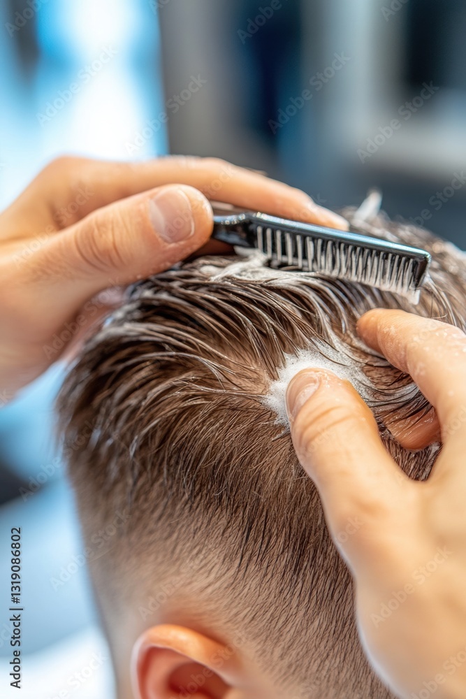 Fototapeta premium A barber applies wax to thin hair before styling .