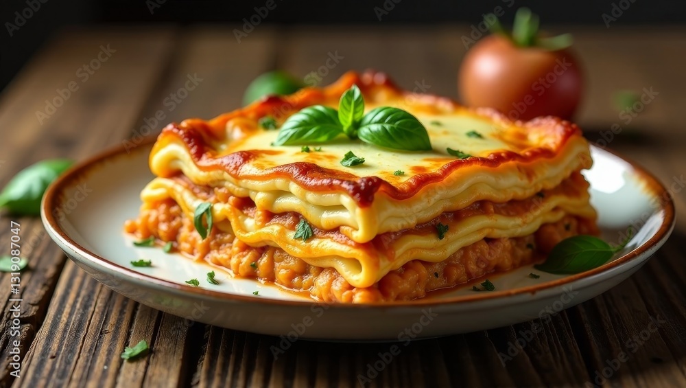 A Delicious Serving of Baked Lasagna, Garnished with Fresh Basil and a Side of Tomato A Delicious Serving of Baked Lasagna, Garnished with Fresh Basil and a Side of Tomato