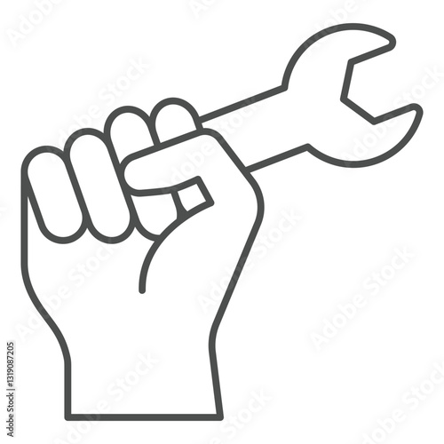 Hand fist hold wrench tool thin line icon, work and labor concept. Vector graphics. Hard work profession sign on white background, outline style icon for mobile or web design.