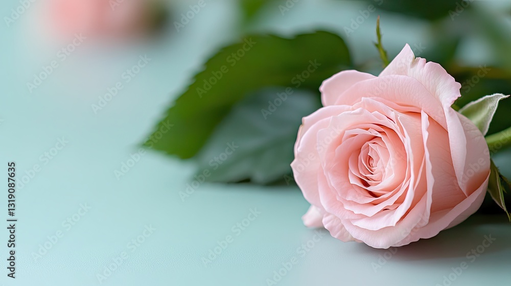 Fototapeta premium A rose in soft pink tones, placed in one corner of the frame â€“ harmonious for banners. 