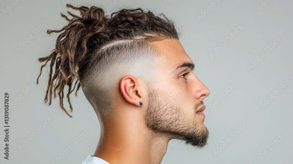 Fototapeta premium A man with shaved sides and long hair on top . 