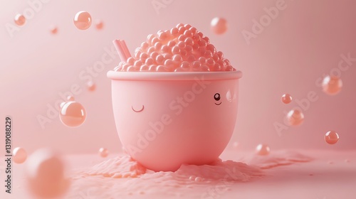 Joyful Pink Bowl of Bubbles: A Whimsical 3D Render