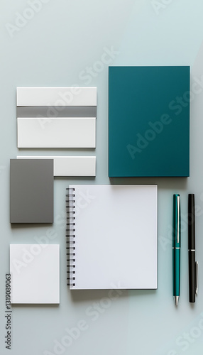 Spiral Notebook and Pen – Business Concept Flat Lay in Soft Teal, Icy Blue, and Deep Green Tones