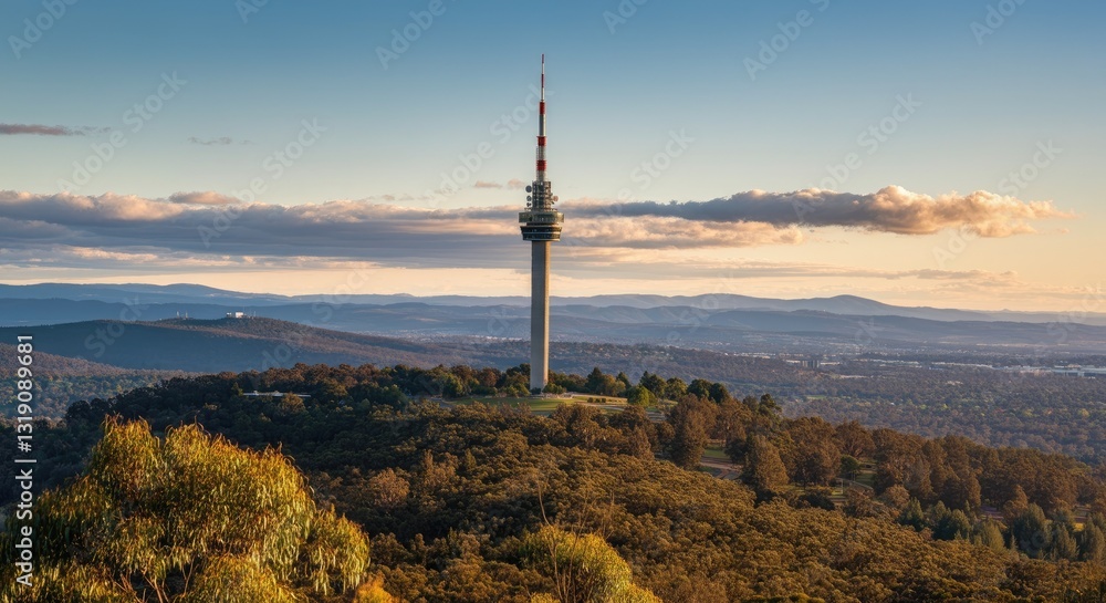 Obraz premium Tall communications tower on hill with scenic landscape view