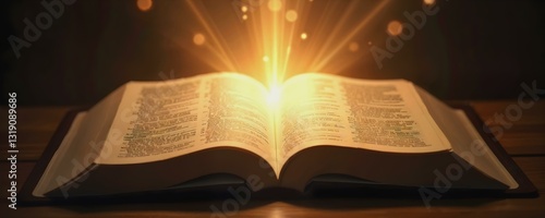 Artistic rendering of an open Bible radiating sacred light