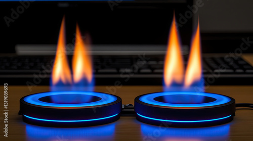 Unique Speaker Design Featuring Blue Lighting and Flame-Like Effects at a Modern Workspace
