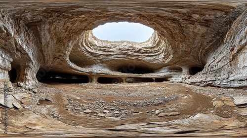 Exploring the Unique Geological Features of a Cave With a Circular Opening and Rocky Terrain in the Surrounding Area