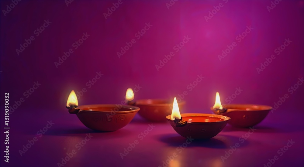 Traditional Indian diyas glowing softly against a vibrant purple background Traditional Indian diyas glowing softly against a vibrant purple background