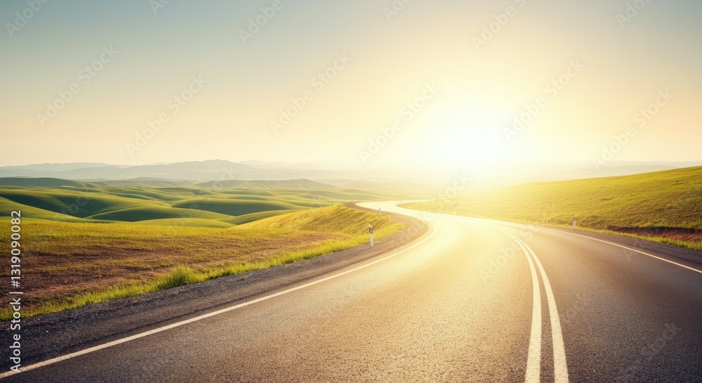 Curved road through rolling green hills at sunrise Curved road through rolling green hills at sunrise