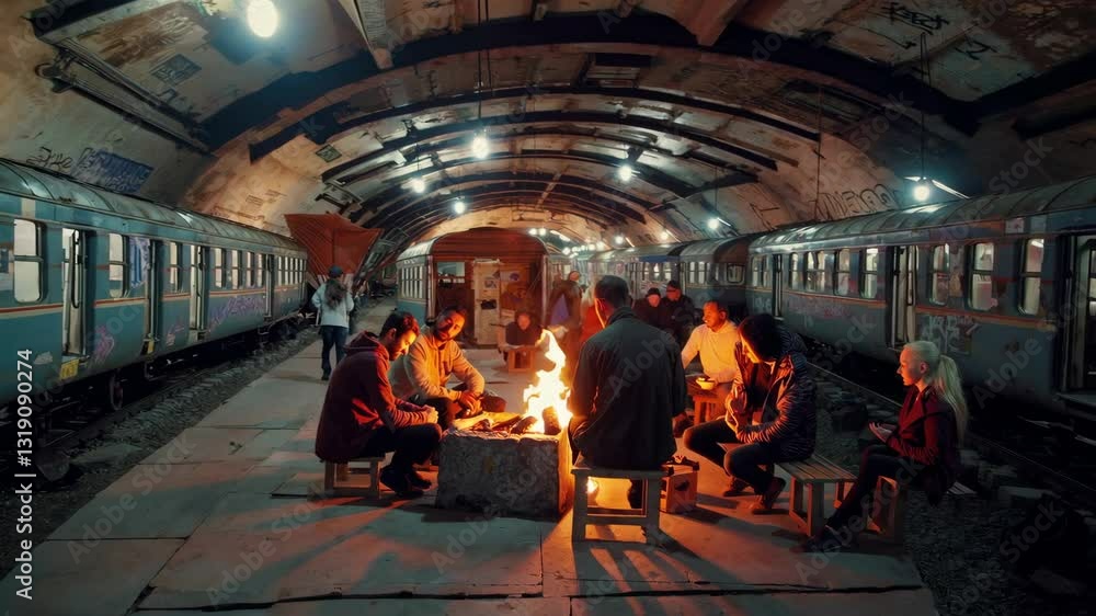 People gather around a fire in an abandoned underground train station at night People gather around a fire in an abandoned underground train station at night