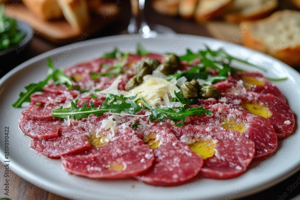 Close-up of succulent salami slices on a pristine white plate, showcasing their rich pinkish-red hue Close-up of succulent salami slices on a pristine white plate, showcasing their rich pinkish-red hue