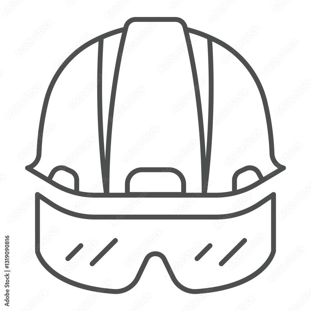 Protective helmet and eyeglasses thin line icon, work safety concept. Vector graphics. Workwear clothes sign on white background, outline style icon for mobile or web design. Protective helmet and eyeglasses thin line icon, work safety concept. Vector graphics. Workwear clothes sign on white background, outline style icon for mobile or web design.