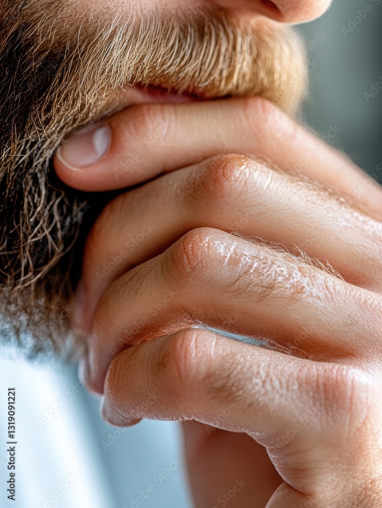 Fototapeta premium Macro shot â€“ beard wax glistens on the barber's fingers . 