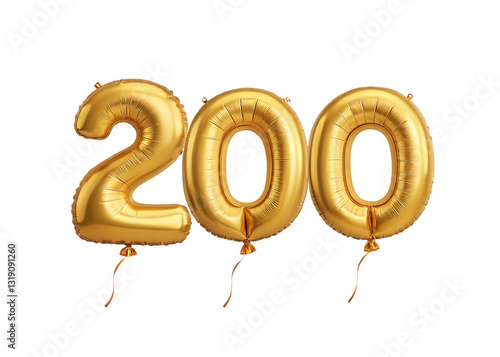 200 Number Shiny Gold Balloon, Celebratory Foil Balloon Decoration. isolated on transparent background, Helium balloons font.