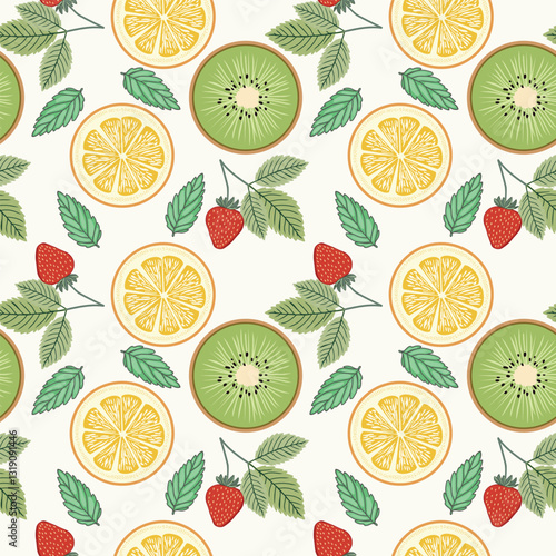 Seamless pattern with Tropical fruit lemon, kiwi, strawberries
