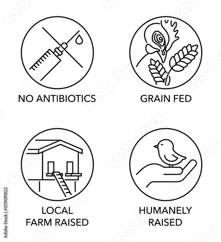 Chicken meat quality icons - No antibiotics, Grain-fed, Local farm and Humanely raised, 