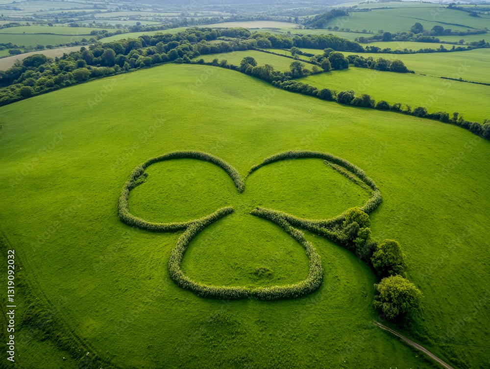 Fototapeta premium Giant shamrock crop circle imprinted in green meadow in british countryside