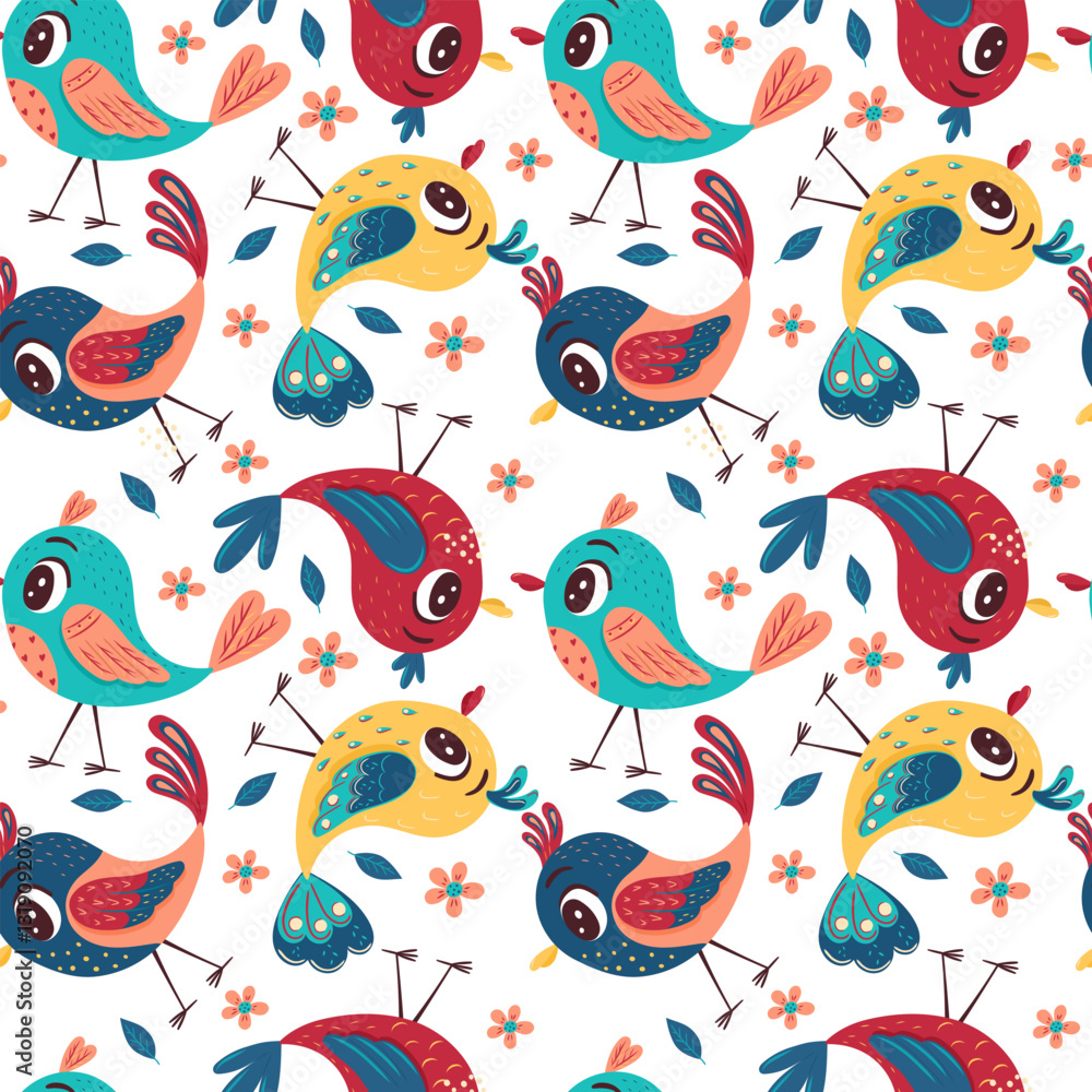 Obraz premium Seamless pattern with cute bright colorful birds, flowers and leaves on a white background. Vector illustration for the design of postcards, clothing, textiles, banners and posters.