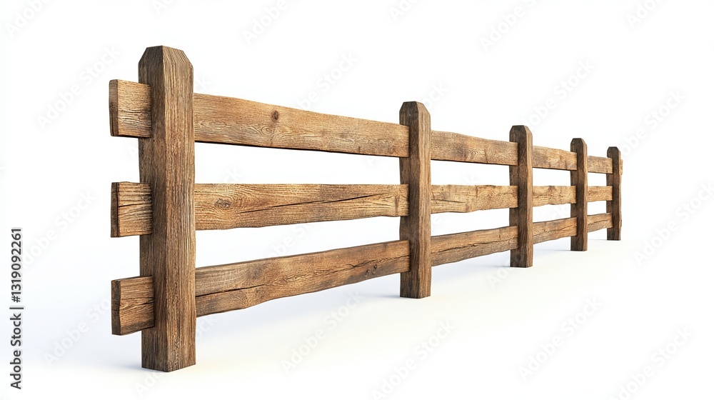 Ranch-style wooden fence isolated on a white background, designed for outdoor enclosures. Ranch-style wooden fence isolated on a white background, designed for outdoor enclosures.