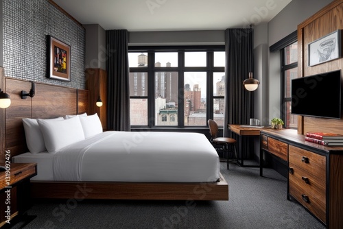 Wallpaper Mural Modern hotel room with king bed, city view, and workspace. Torontodigital.ca