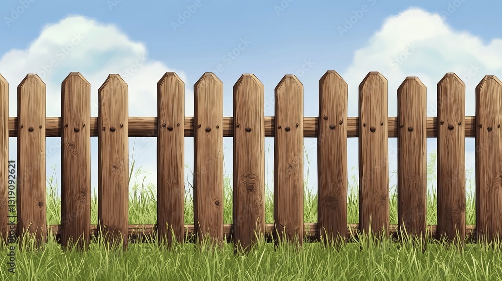 Obraz premium Realistic vector illustration of a wooden farm fence featuring dark oak-textured pickets, ideal for enclosing gardens, fields, or country yards. 