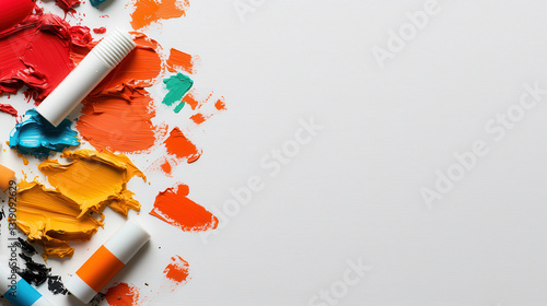 Vibrant artist palette with colorful paint splatters and tubes