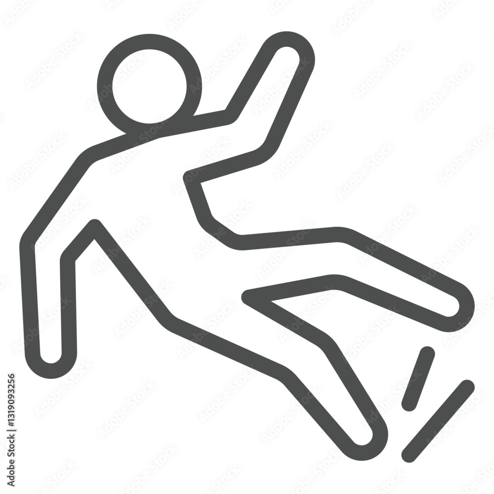 Man slips warning line icon, labor protection, worker safety concept. Vector graphics. Human with wet floor sign on white background, outline style icon for mobile or web design. Man slips warning line icon, labor protection, worker safety concept. Vector graphics. Human with wet floor sign on white background, outline style icon for mobile or web design.