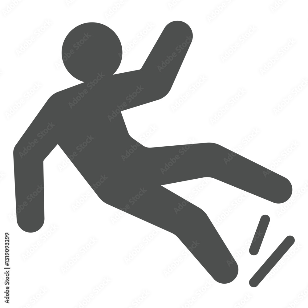 Man slips warning solid icon, labor protection, worker safety concept. Vector graphics. Human with wet floor sign on white background, glyph style icon for mobile or web design. Man slips warning solid icon, labor protection, worker safety concept. Vector graphics. Human with wet floor sign on white background, glyph style icon for mobile or web design.