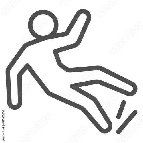 Man slips warning line icon, labor protection, worker safety concept. Vector graphics. Human with wet floor sign on white background, outline style icon for mobile or web design.