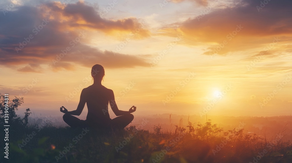 Silhouette of a Meditating Figure Bathed in Soft Sunset Light