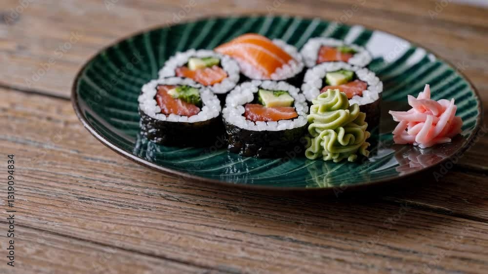 Fresh sushi rolls served on a decorative plate in a natural setting Fresh sushi rolls served on a decorative plate in a natural setting